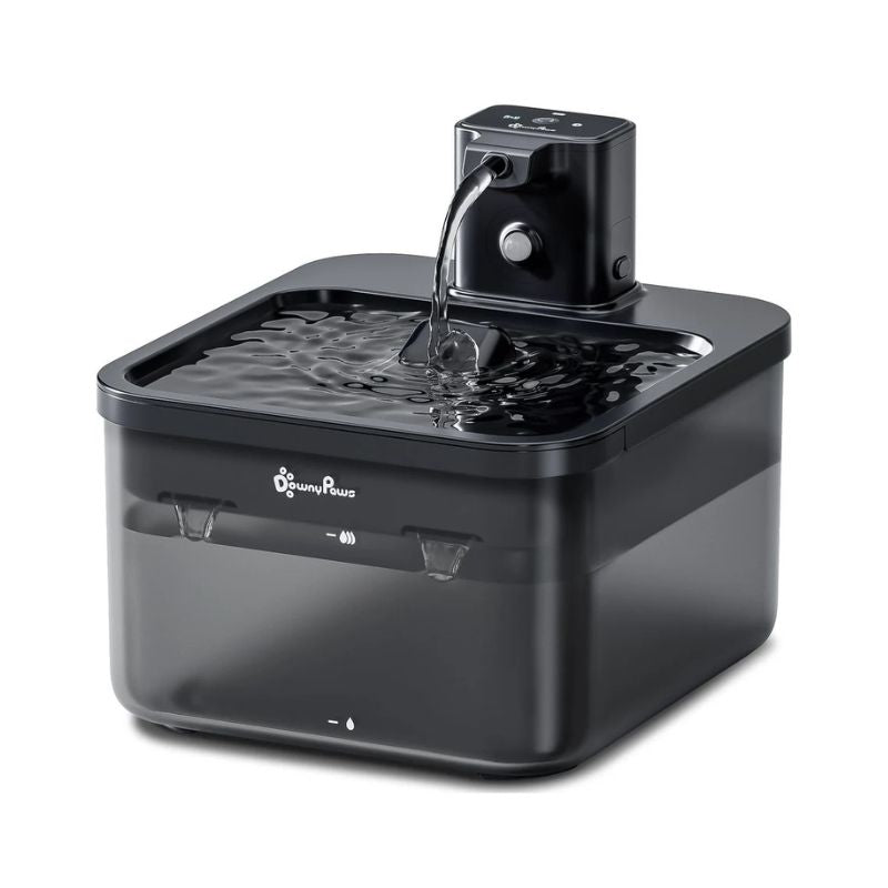 Black pet water fountain with water flowing on a white background