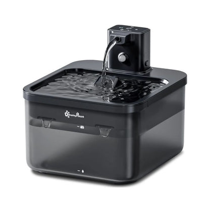Black pet water fountain with water flowing on a white background