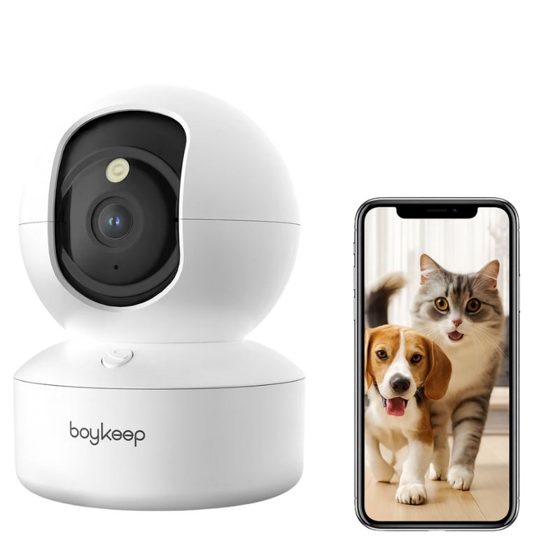 White pet camera with smartphone displaying a cat and dog on a white background