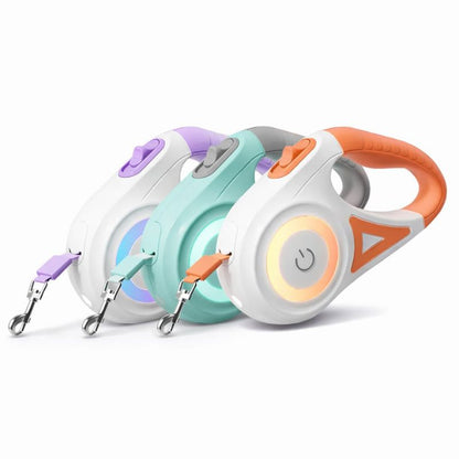 Three colorful dog retractable leashes on a white background