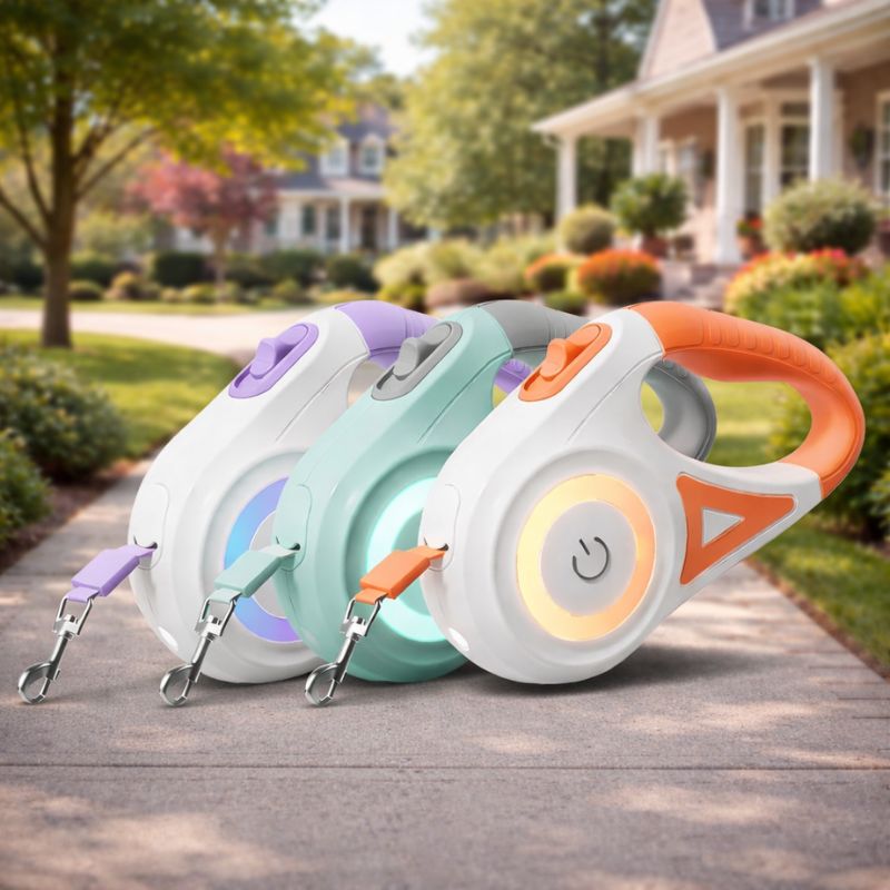 Three colorful dog leashes on a wooden surface with a blurred house and garden in the background