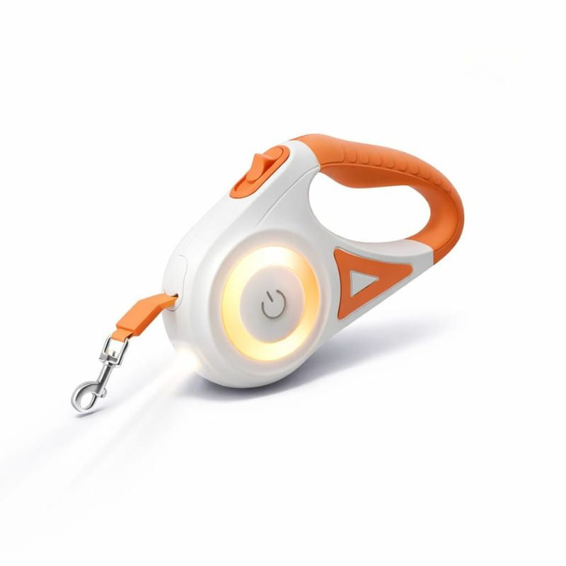 Retractable dog leash with light and button on a white background