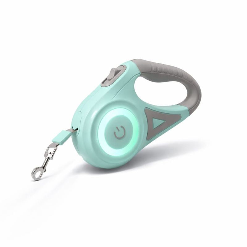 Mint green and gray retractable dog leash on a white background