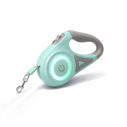 Mint green and gray retractable dog leash on a white background