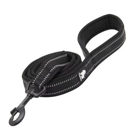 Black dog leash with reflective stripes on a white background
