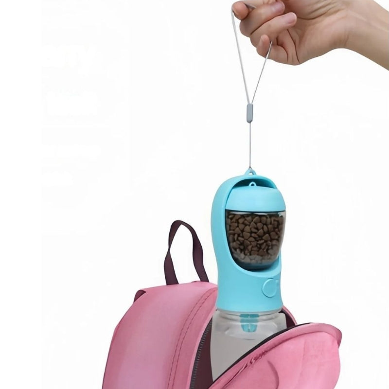 dog water bottle with food dispenser attached to a pink backpack on a white background