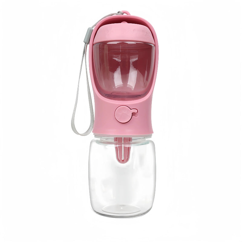 Pink dog water bottle with clear container on a white background