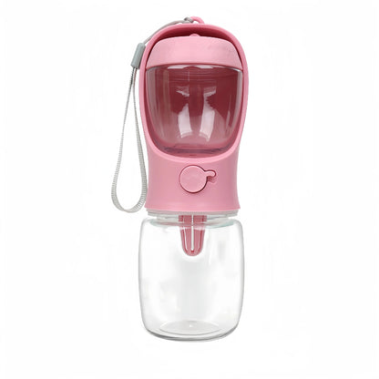 Pink dog water bottle with clear container on a white background