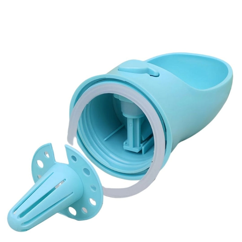 Blue plastic tool with a coiled hose on a white background
