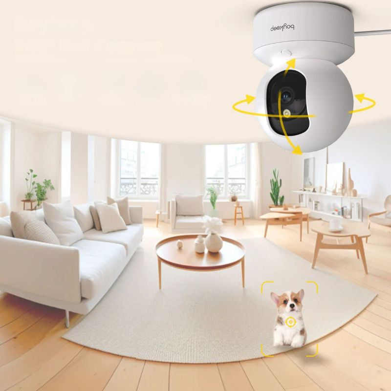 Smart home security camera in a living room with a dog on the floor.