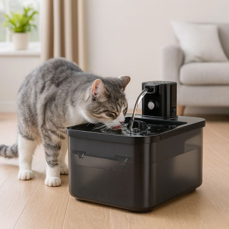 Cat drinking water from a black pet fountain in a home setting.