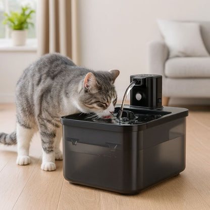 Cat drinking water from a black pet fountain in a home setting.