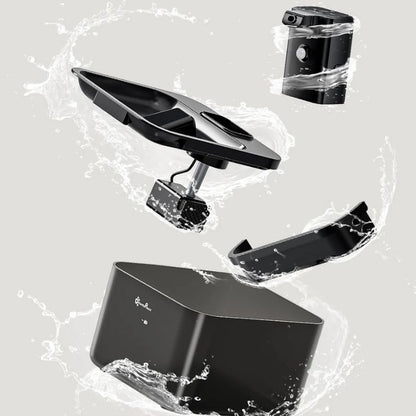 Black electronic device with water droplet effects on a gray background