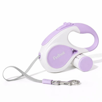 Retractable dog leash with purple handle and white body on a white background