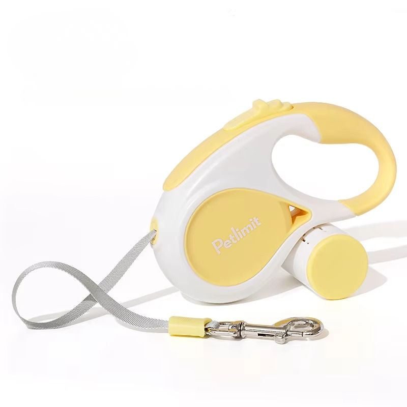 Yellow and white retractable dog leash with handle on a white background