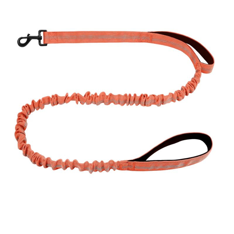 Orange dog leash with a black handle on a white background