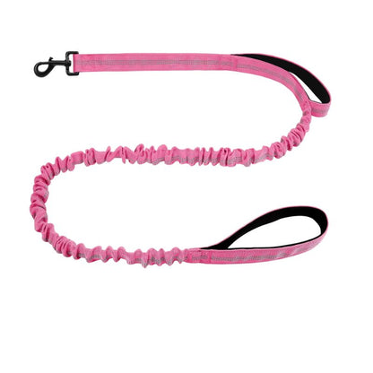 Pink dog leash with a black clip on a white background