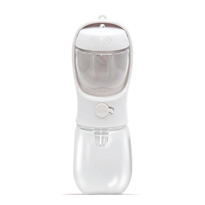 Clear dog water bottle with white base on a white background