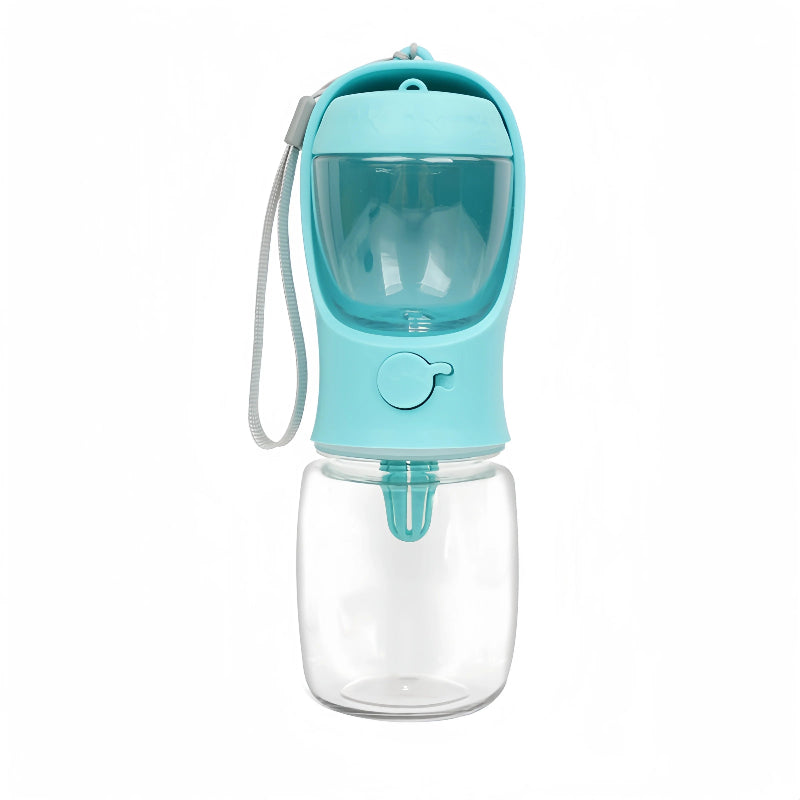 Turquoise dog water bottle with clear container on a white background