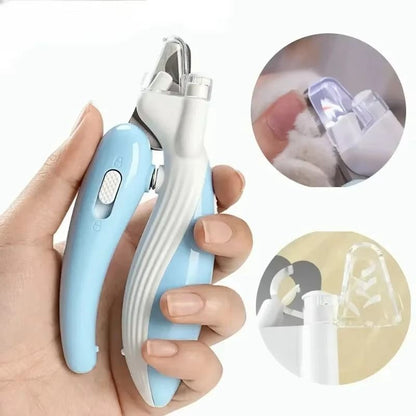 Hand holding a blue and white pet nail clipper with close-up insets on a white background