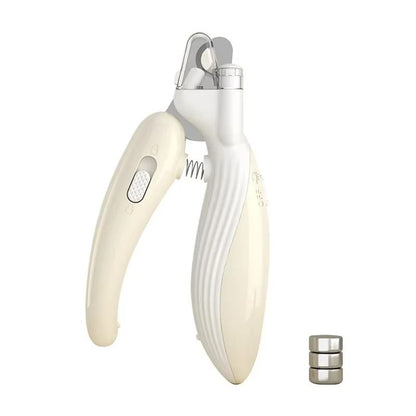 White and beige nail clipper with additional attachments on a white background