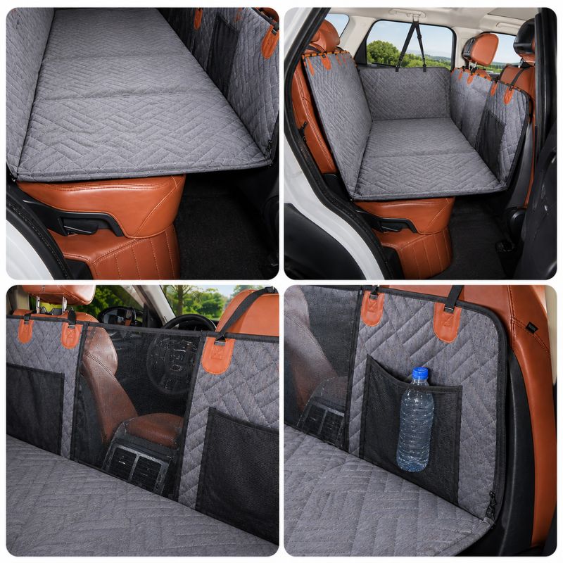 Collage of a car seat cover with storage pocket and bottle holder in a vehicle.