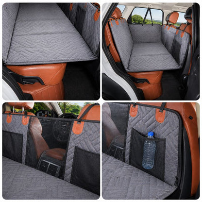 Collage of a car seat cover with storage pocket and bottle holder in a vehicle.