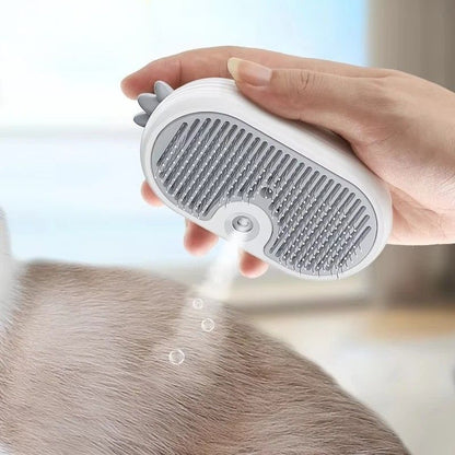 Electric dog grooming brush with steam feature shown from side angle