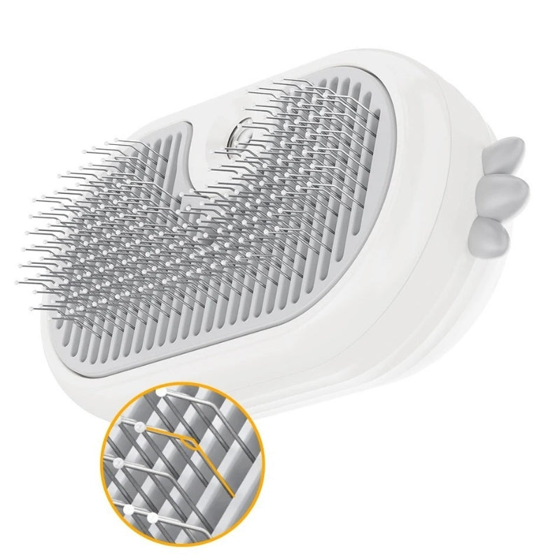 Dog grooming brush with steam comb used on dog fur during home grooming on a white background