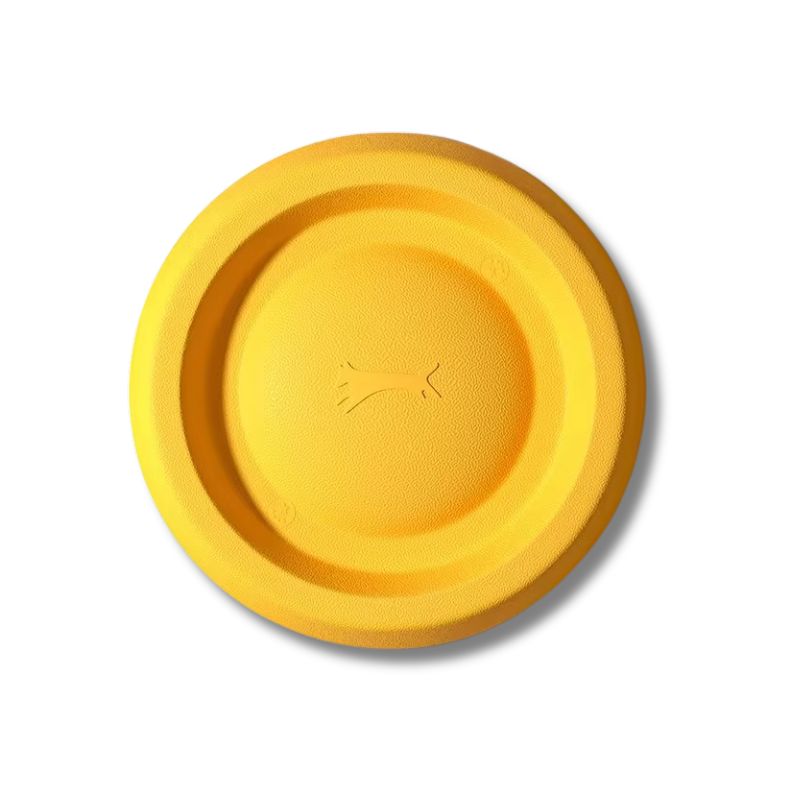 Yellow frisbee with a brand logo on a white background