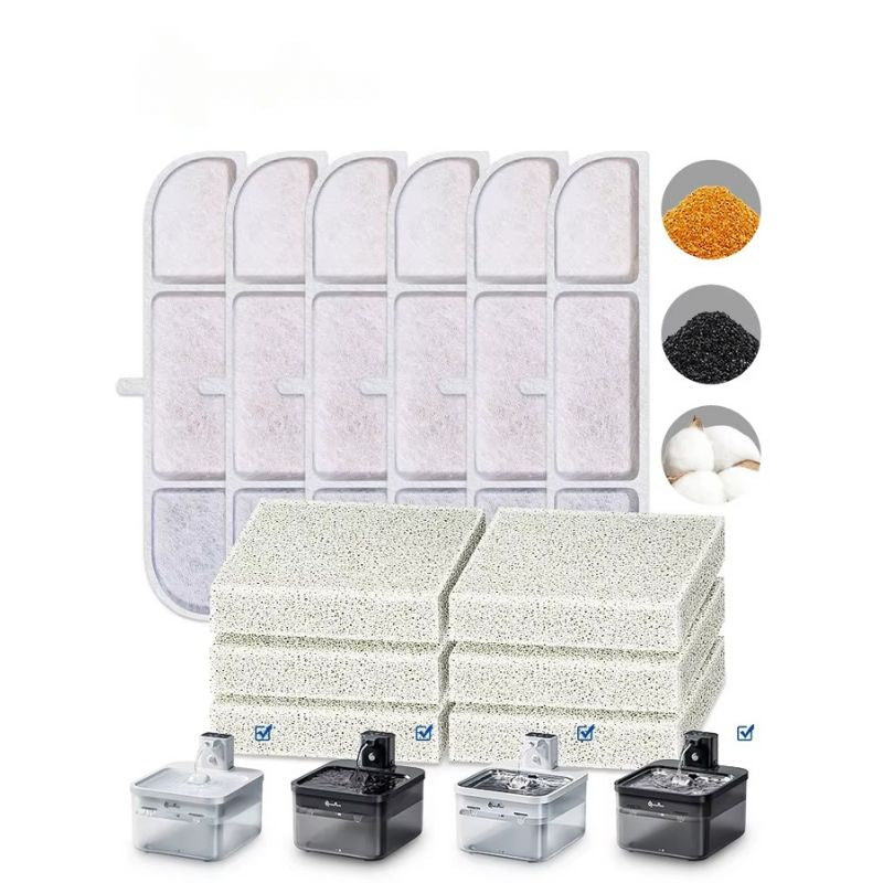 Set of filters and substrates with packaging on a white background