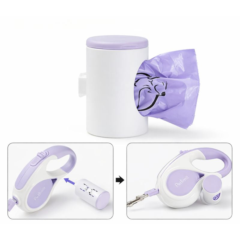 Set of purple and white pet products including a mug, collar, and tag on a white background.