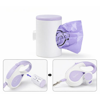 Set of purple and white pet products including a mug, collar, and tag on a white background.