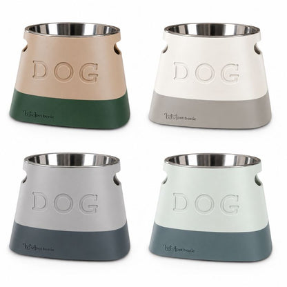 Four dog bowls in different colors with 'DOG' embossed on them, on a white background.