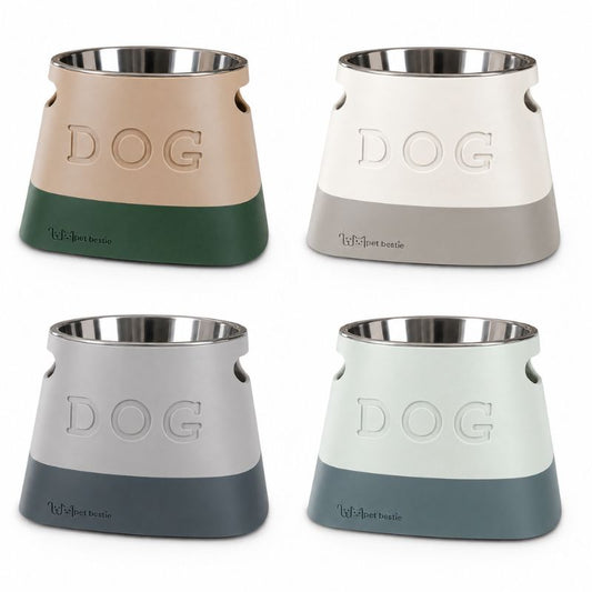 Four dog bowls in different colors with 'DOG' embossed on them, on a white background.