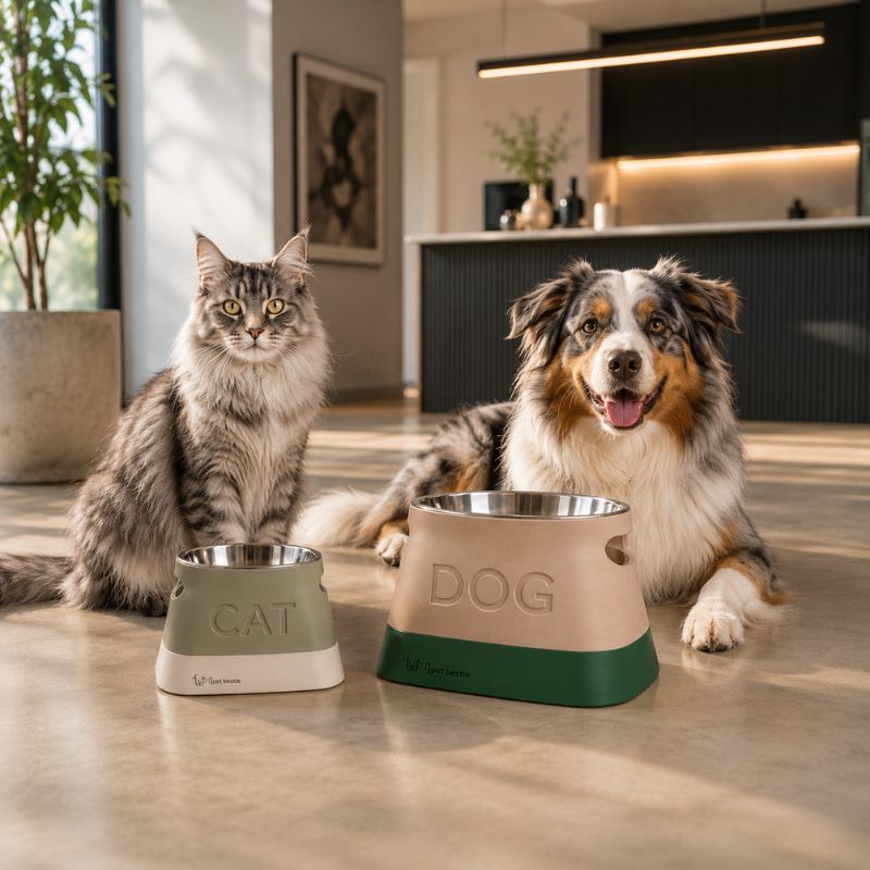 Dog and cat sitting next to their respective bowls in a modern kitchen.
