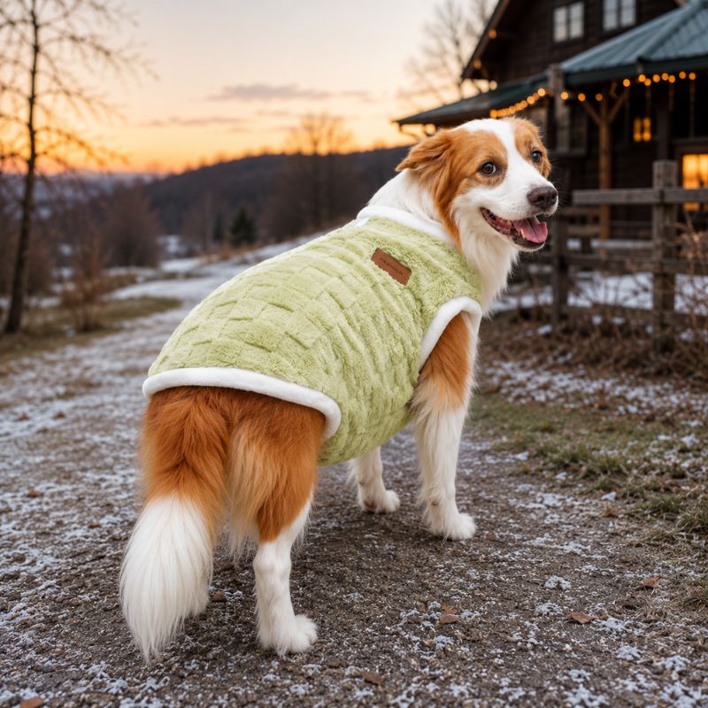 Dog wearing a green sweater standing on a snowy path with a sunset and cabin in the background.