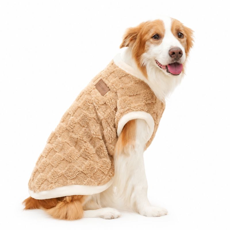 Dog wearing a beige fleece coat on a white background