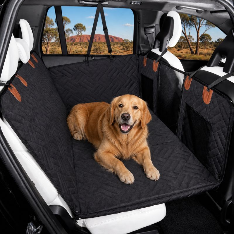 Dog sitting on a black car seat cover with a scenic background